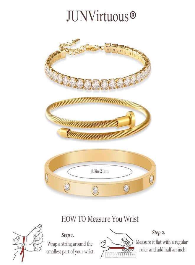 JUNVirtuous 3-Pack Gold Bracelets for Women,18K Gold Plated Bangle Tennis Bracelets Stack Set for Women Trendy Non Tarnish Stainless Steel Gold Bangles Accessories Designer Jewelry Pulseras Para Mujer - Image 5